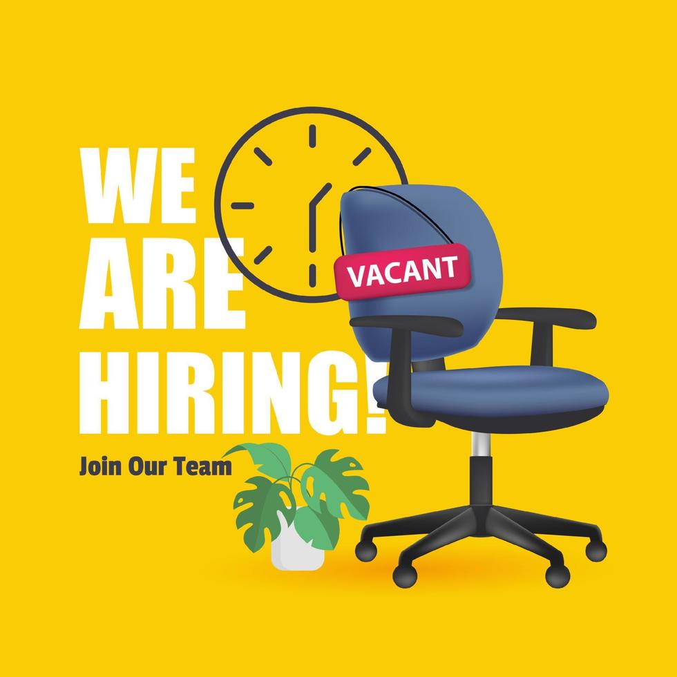 3d we are hiring join our team concept with vacant office chair for designation free vector